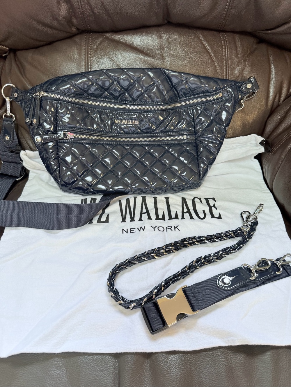MZ Wallace Navy Quilted Patent Crossbody Belt Bag navy lacquer